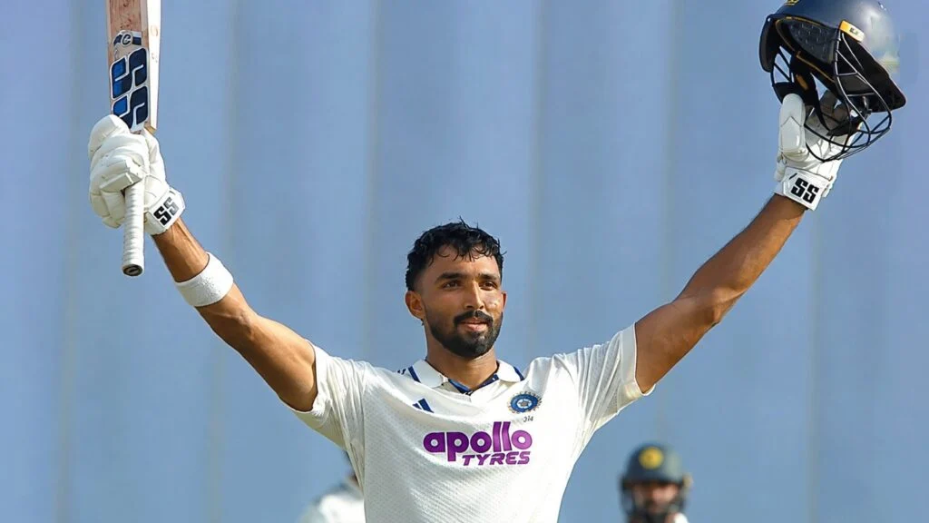 Devdutt Padikkal celebrates his century after batting at number three for India against Sri Lanka