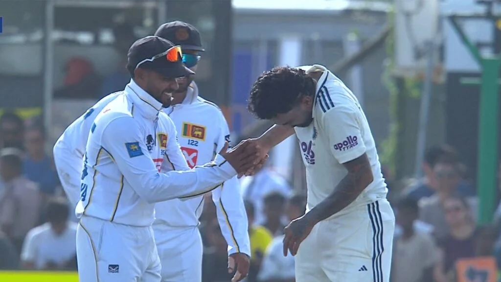 KL Rahul receives treatment from the physio after suffering cramps during India vs Sri Lanka first Test in Galle