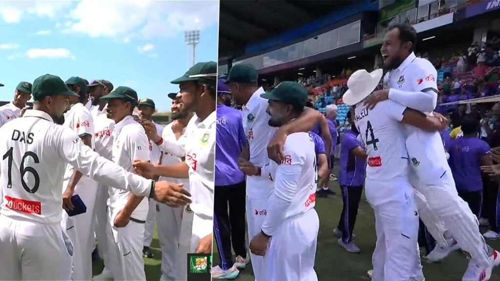 Bangladesh players celebrate their first Test win against Australia in Australia