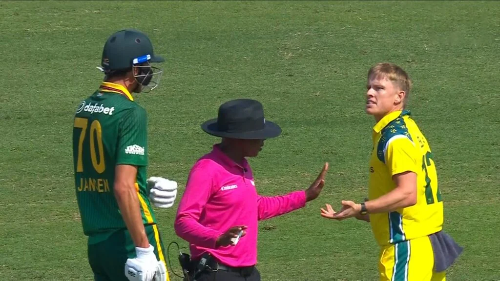 Nathan Ellis and Marco Jansen involved in a heated exchange during the first ODI between South Africa and Australia in Durban