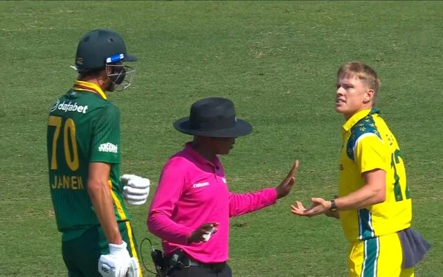Nathan Ellis and Marco Jansen involved in a heated exchange during the first ODI between South Africa and Australia in Durban
